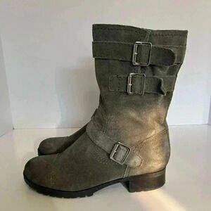 Marc Fisher Slate Suede Triple Buckle Lug Moto Boots